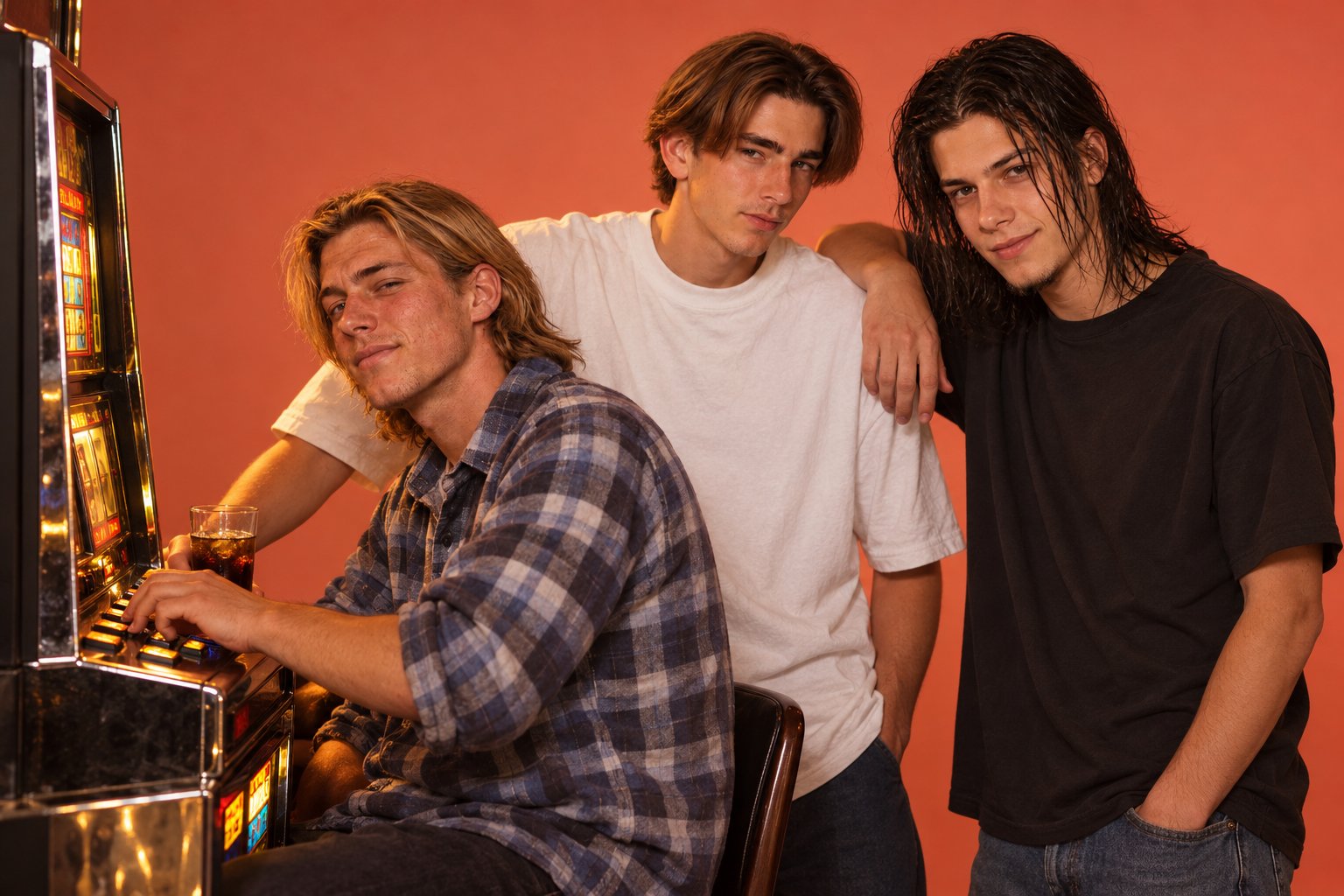 A confident young man sits at a poker machine in a dim club while two friends stand beside him smiling, 1990s Australia.