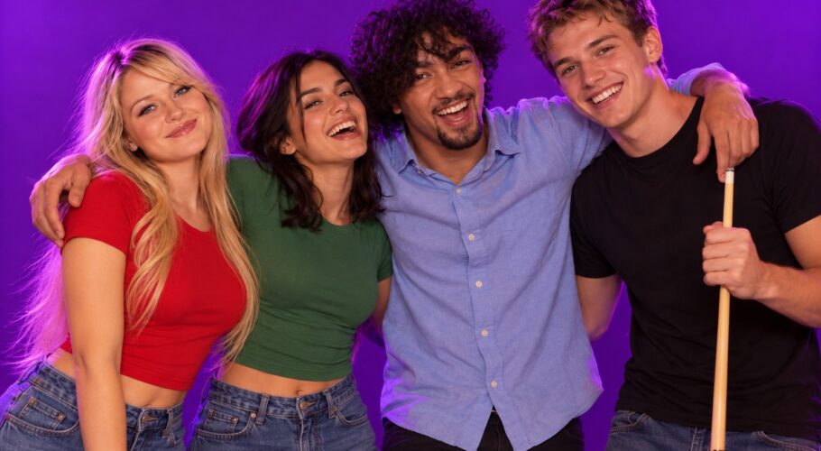 Four young friends laughing together, one holding a snooker cue, against a plain purple studio backdrop
