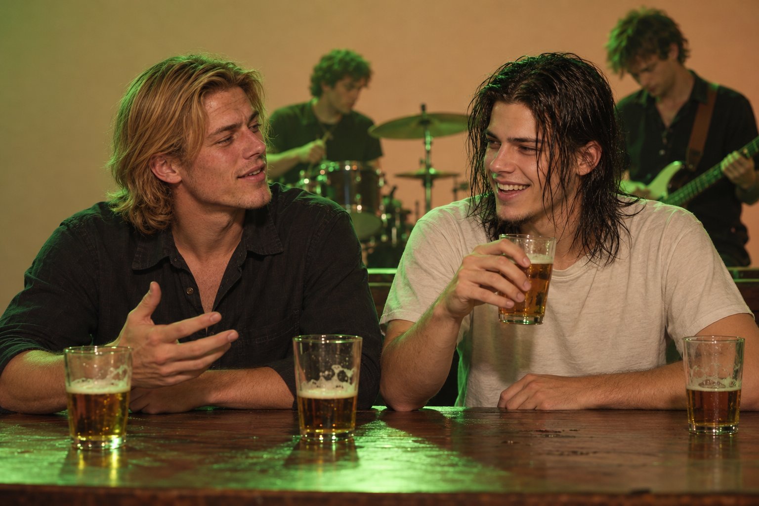 Two young men talk and laugh at a long pub table with beer glasses while a band plays behind, 1990s Australia.