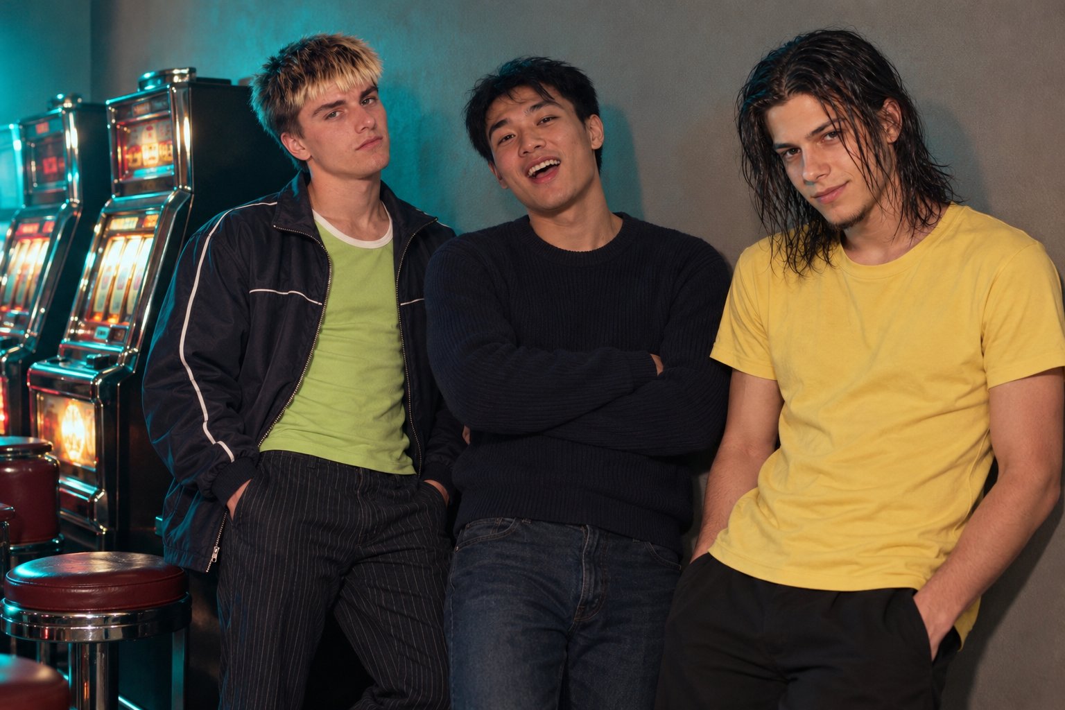 Three young men lean against a club wall near poker machines, patiently waiting, 1990s Australia.