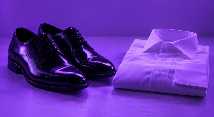 a pair of shined black dress shoes beside a folded white shirt on a pale floor photographed in a studio