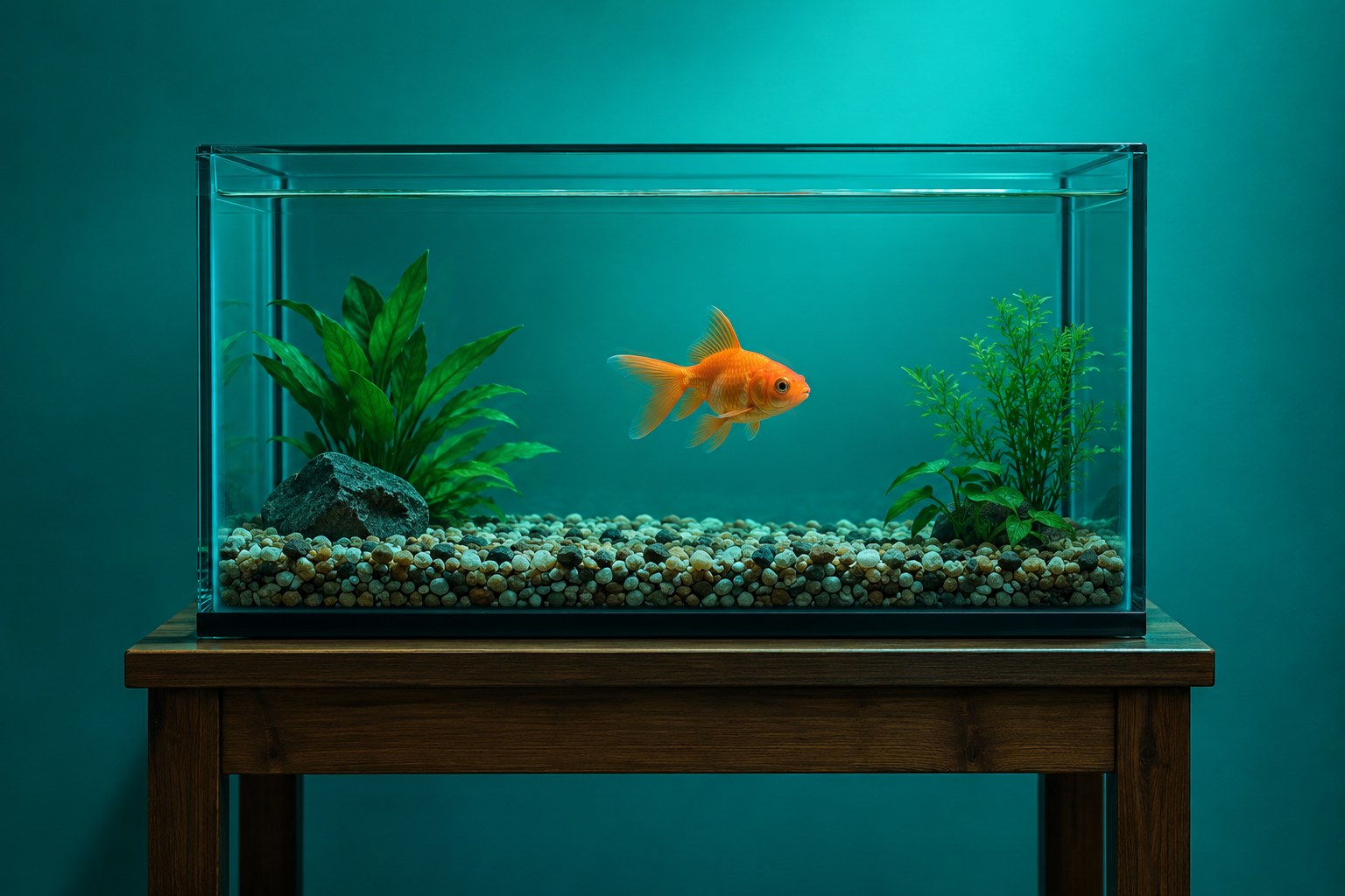 A glass fish tank of clear water with one orange fish