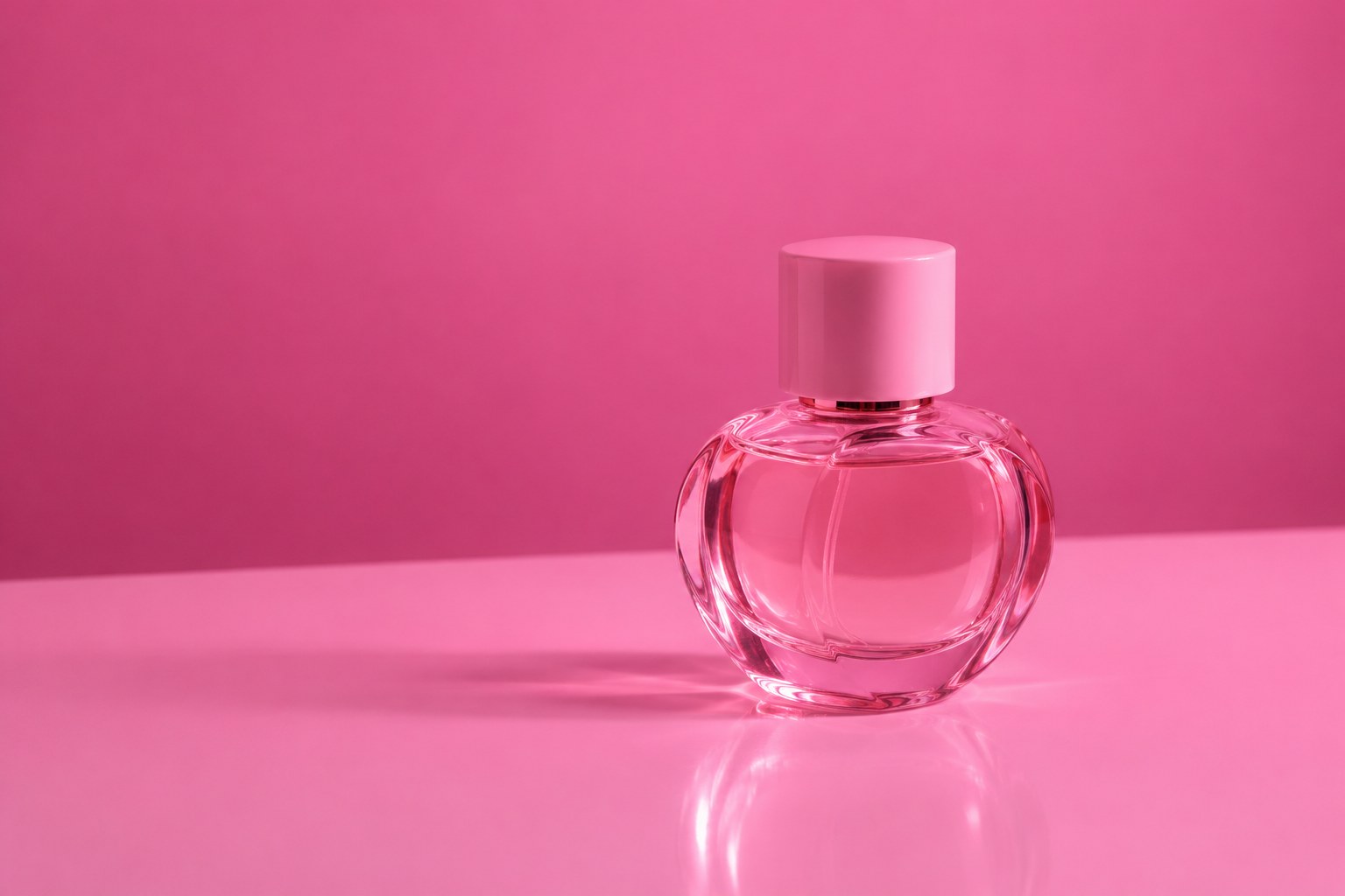A small glass perfume bottle with a pale cap on a white surface