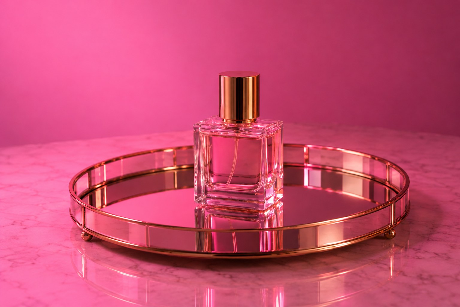 A small glass perfume bottle with a gold cap on a mirrored tray in pink light