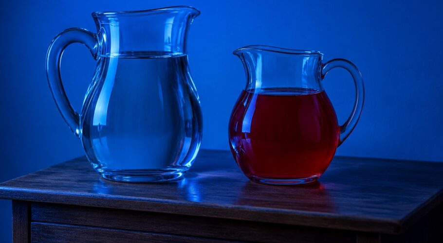 A clear glass water jug standing next to a cordial jug on a wooden bedside table in blue light