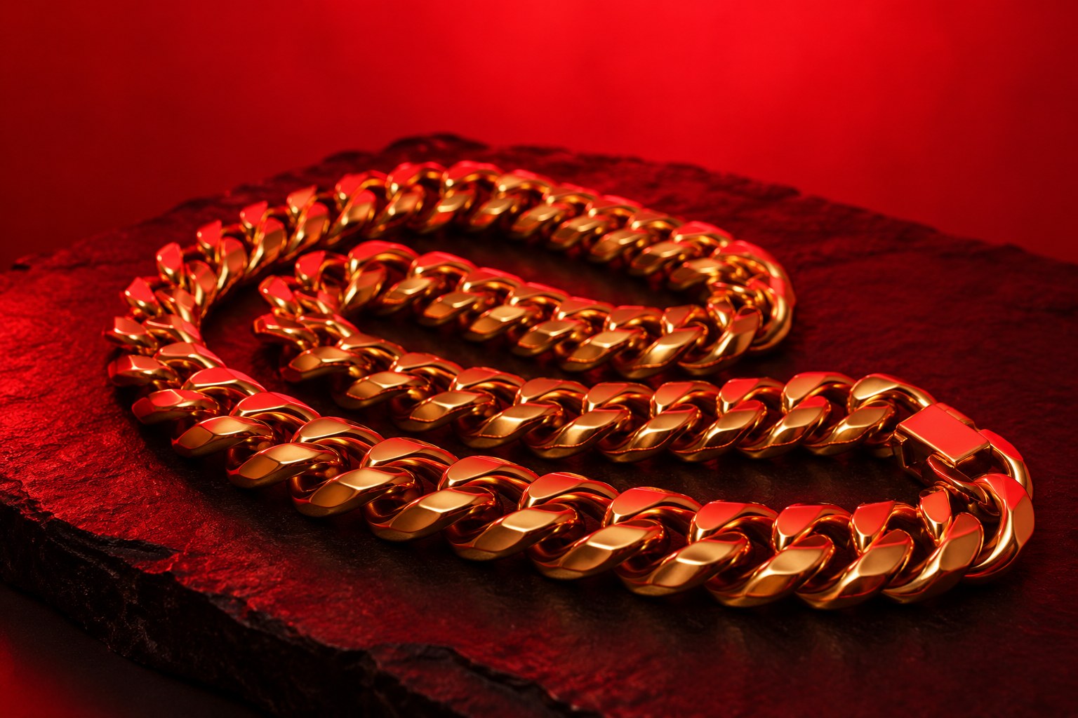 A heavy gold chain necklace coiled on dark slate