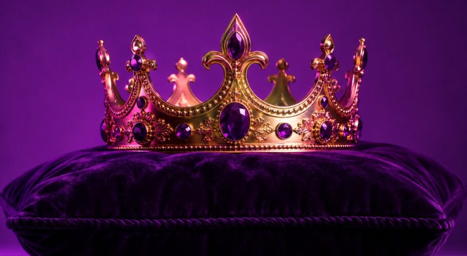 A gold crown resting on a dark velvet cushion against a plain backdrop