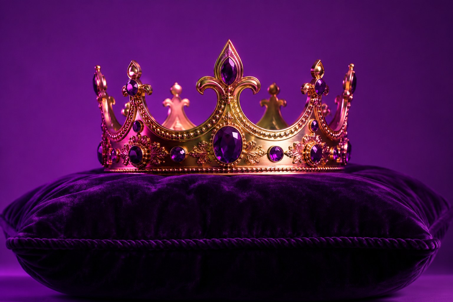 A gold crown resting on a dark velvet cushion against a plain backdrop