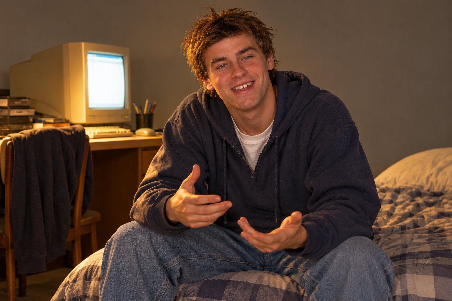 A young man in a hoodie sits on a bed edge, leaning forward and gesturing, with a CRT monitor behind him, 1990s.