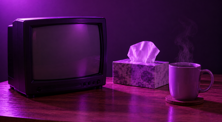 Small television, tissues and a steaming mug in purple light
