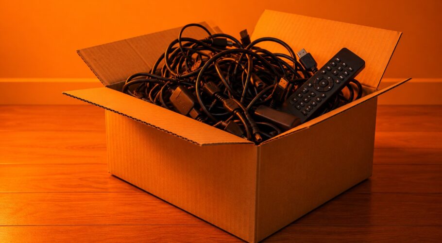 a cardboard box packed with tangled black cables and a remote control on a wooden floor photographed in a studio