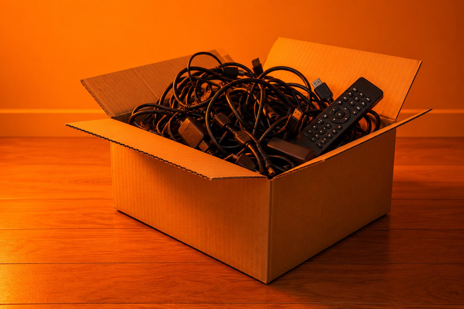 a cardboard box packed with tangled black cables and a remote control on a wooden floor photographed in a studio