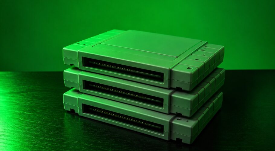 a stack of three plain grey video game cartridges on a black table photographed in a studio