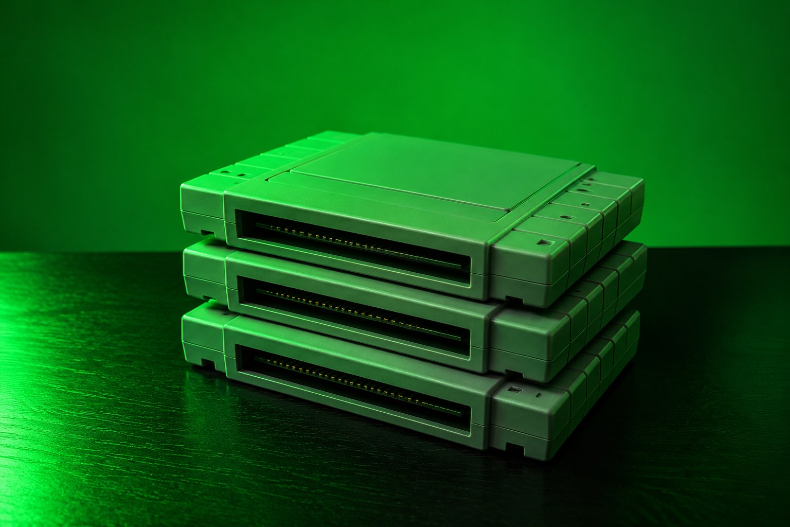 a stack of three plain grey video game cartridges on a black table photographed in a studio