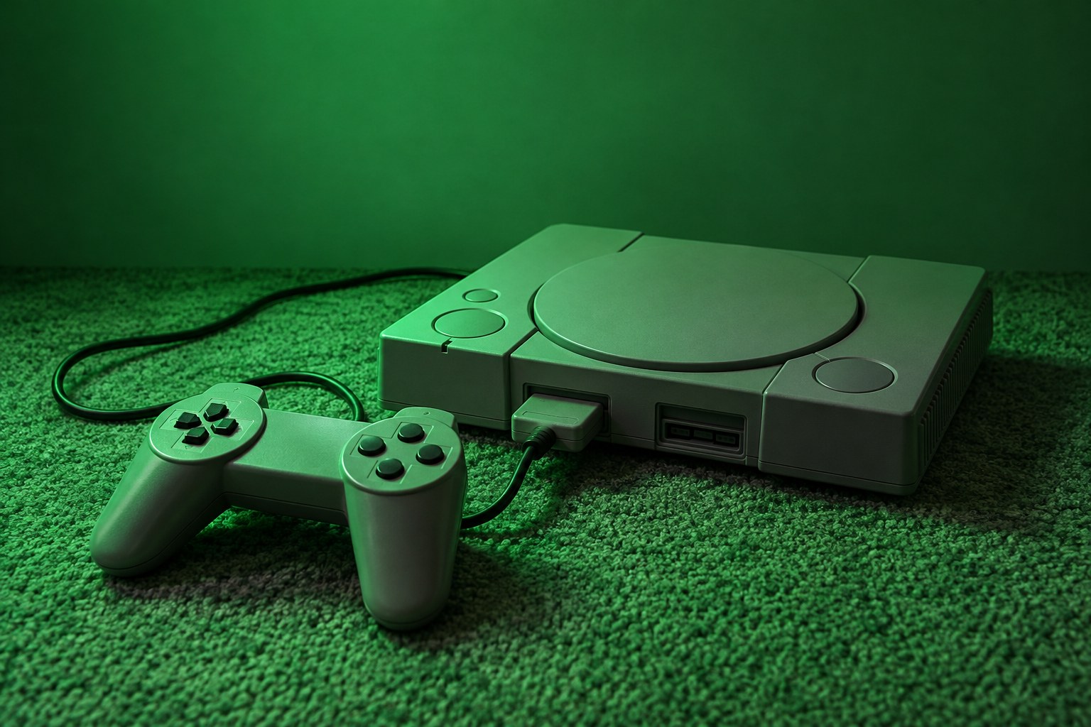 A grey games console with a wired controller on a carpet