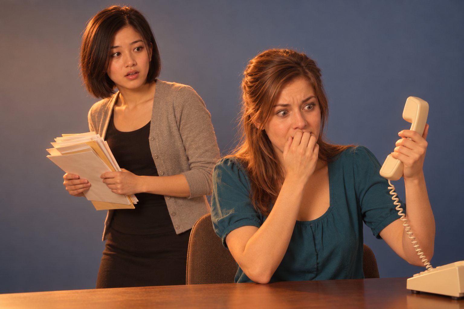 Two office women reacting in shock to an overheard phone call, studio photograph in the style of 1999 Sydney