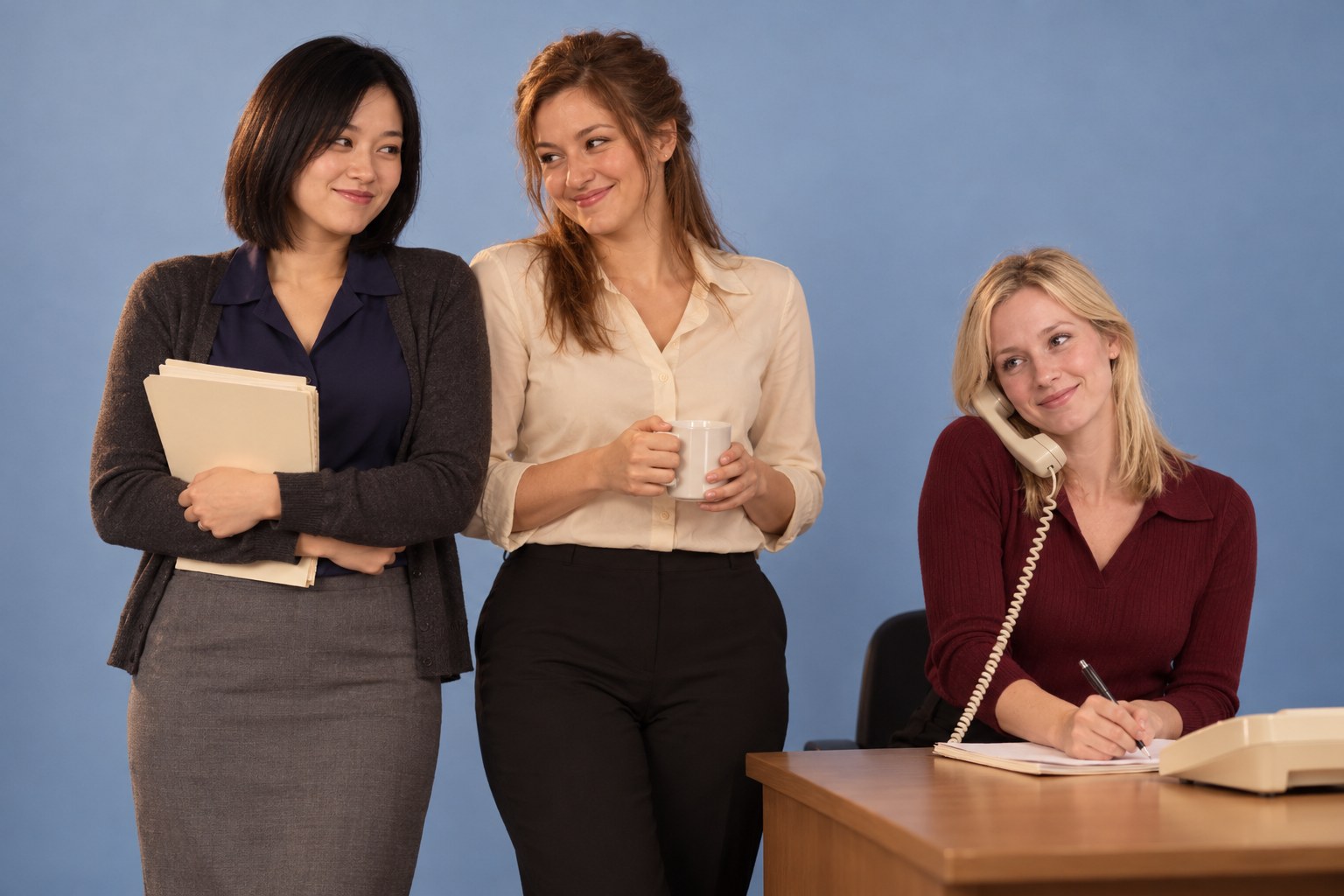Three office workers share relieved smiles as if they were all late together, studio photograph in the style of 1999 Sydney