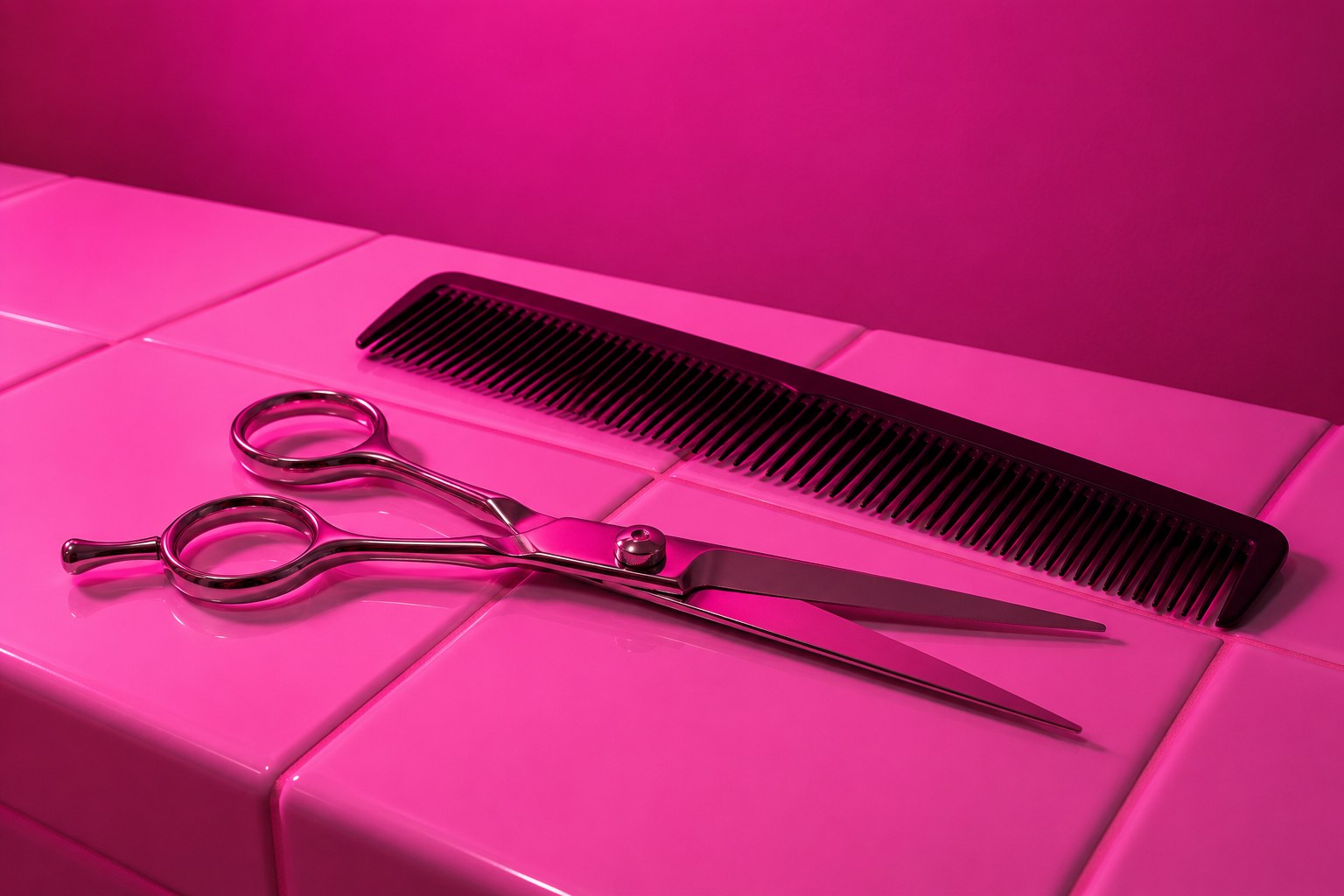 Silver hairdressing scissors beside a black comb on a white counter