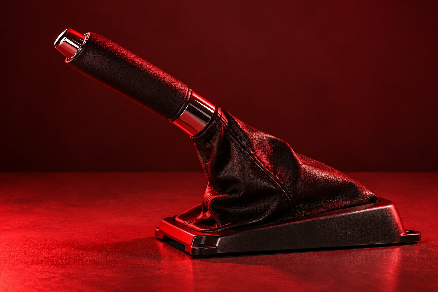A car handbrake lever lit by red light