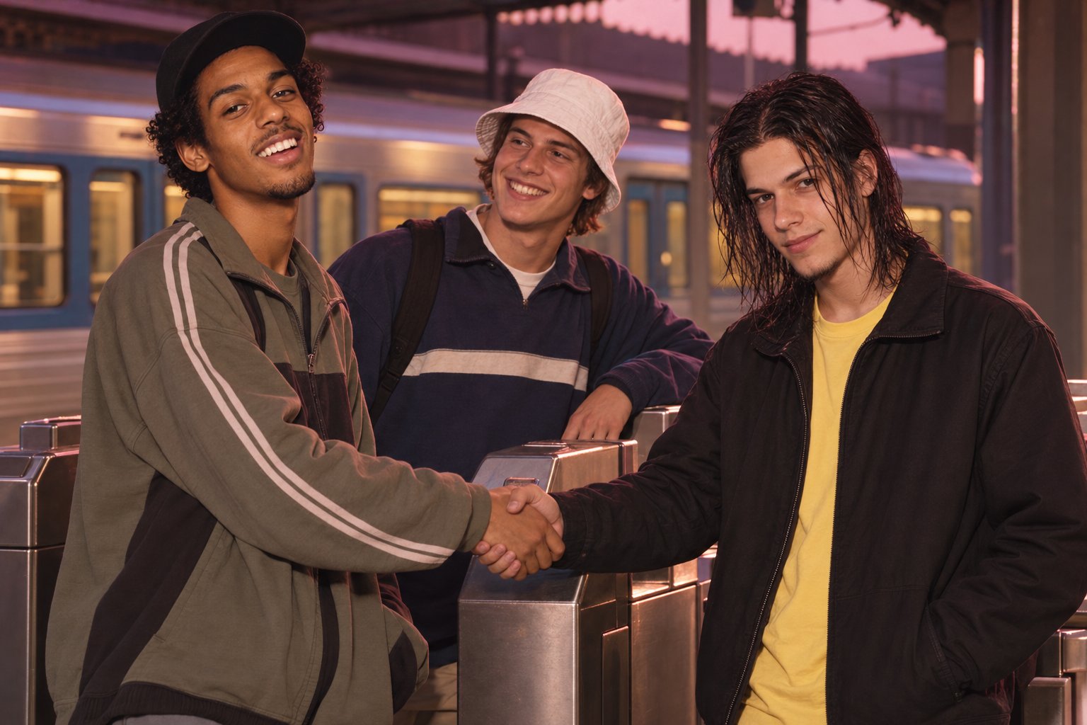 Two young men shake hands beside railway station ticket gates while a friend in a white bucket hat grins, 1990s Australia.