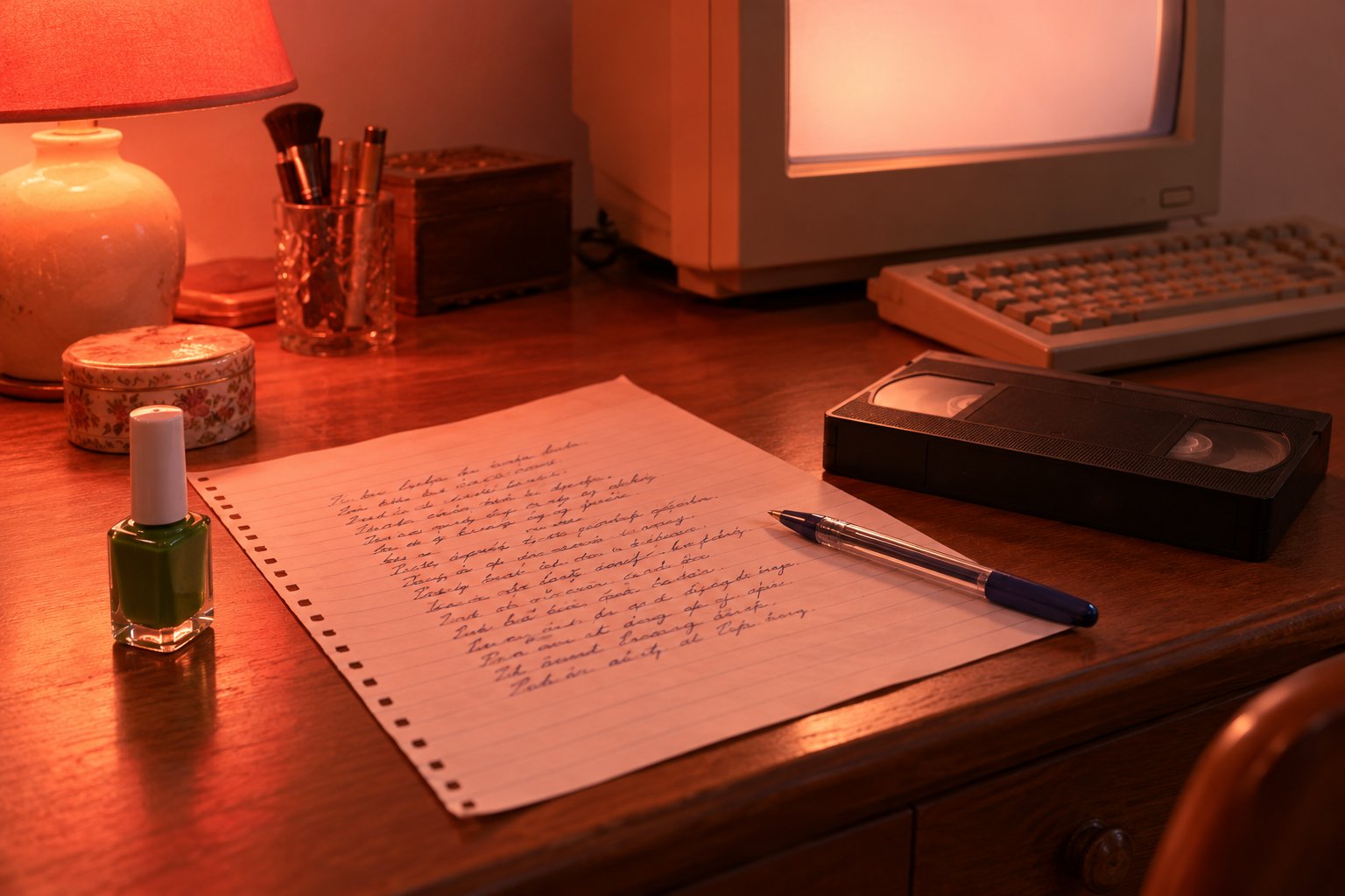 A handwritten poem on lined paper with a pen and a green nail polish bottle on a desk in front of a CRT monitor in 1990s Australia.