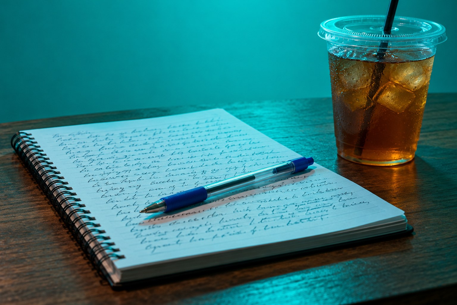Pen on a notebook page of handwritten sonnet lines