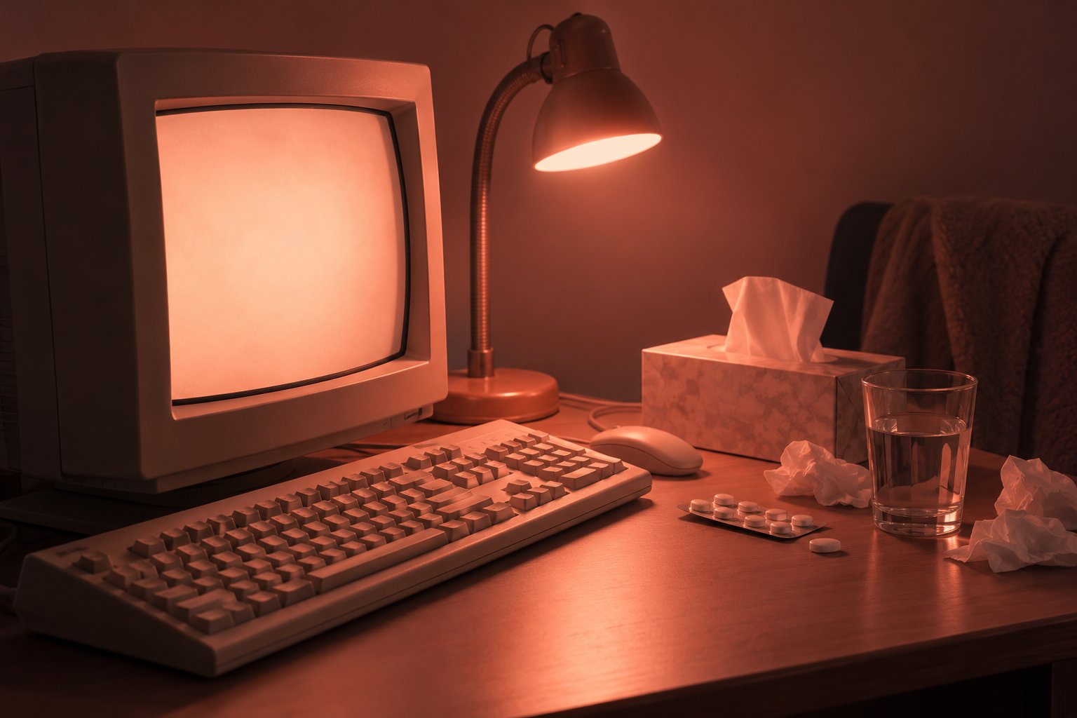 A keyboard and glowing monitor in a dark bedroom with tissues, headache tablets and a glass of water, 1990s Australia.