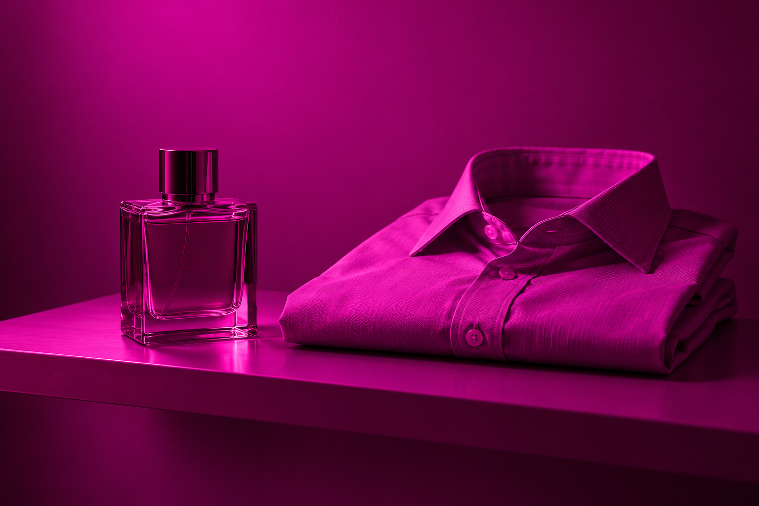 Cologne bottle and folded shirt in magenta light