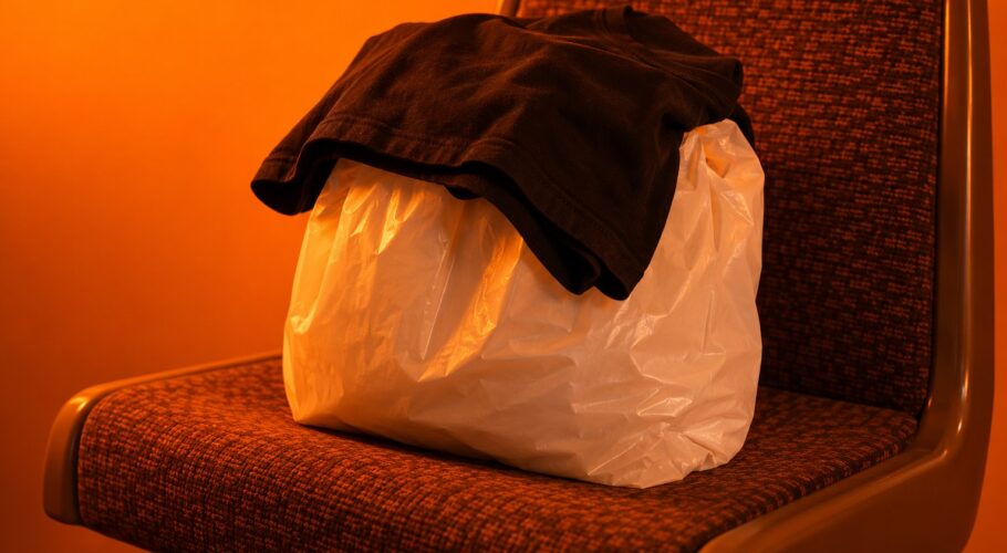 A plastic bag with a black shirt draped over it on a seat
