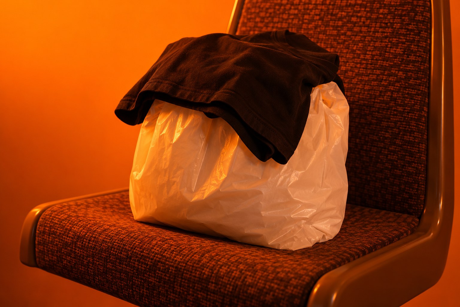 A plastic bag with a black shirt draped over it on a seat