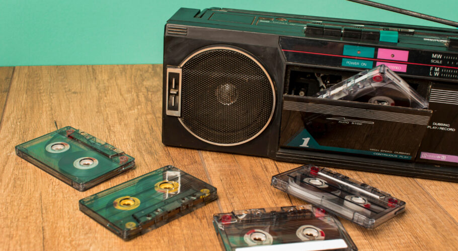 high view old fashioned cassette tapes