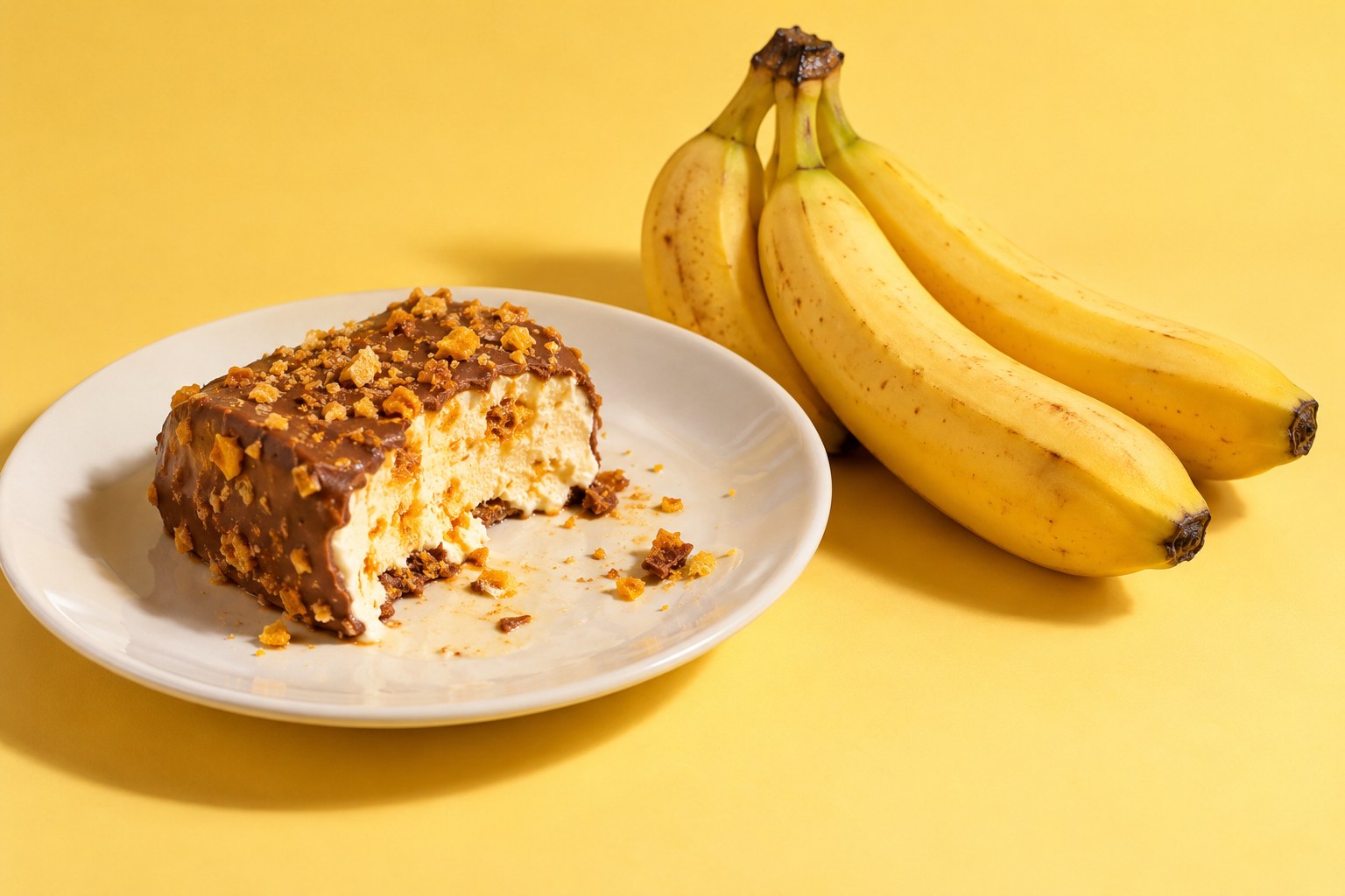 A half-eaten honeycomb ice cream dessert on a plain white plate beside three ripe bananas in 1990s Australia