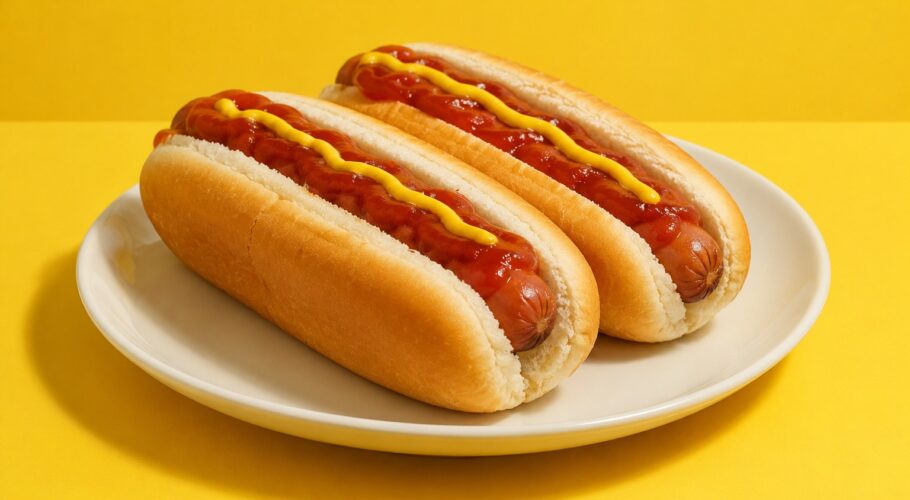 Two hot dogs in white buns with sauce and mustard on a plate.