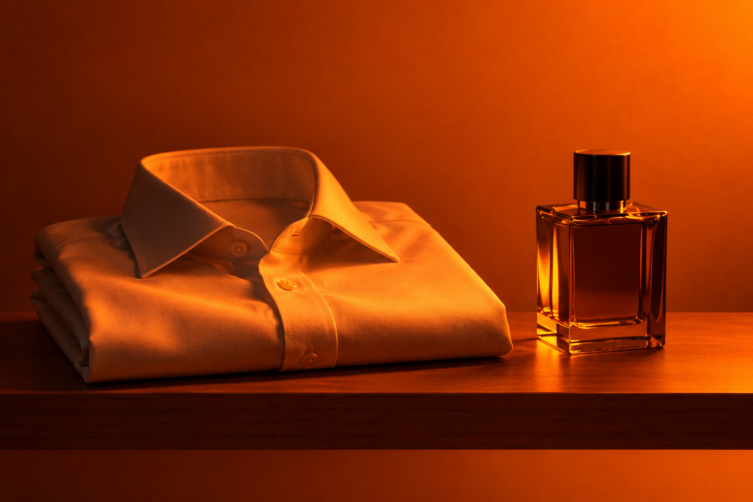 Folded shirt and cologne in warm orange evening light