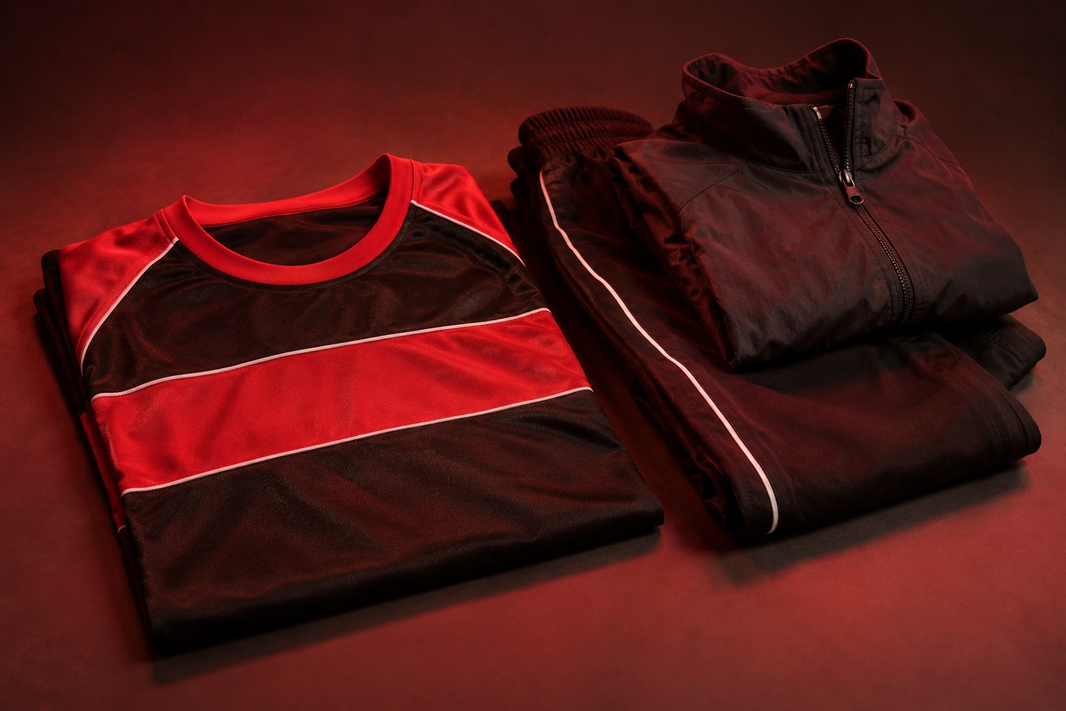 Folded black and red sports shirt and striped trousers on a plain surface, studio photograph in the style of 1999 Sydney