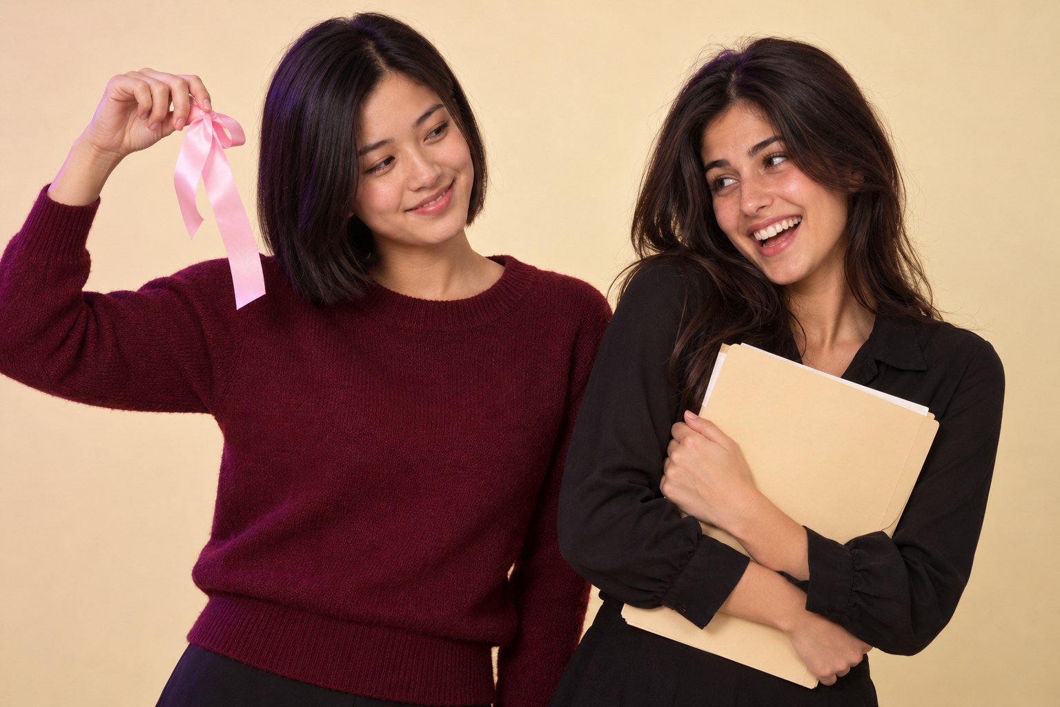 Two young women with a ribbon and a file, studio photograph in the style of 1999 Sydney