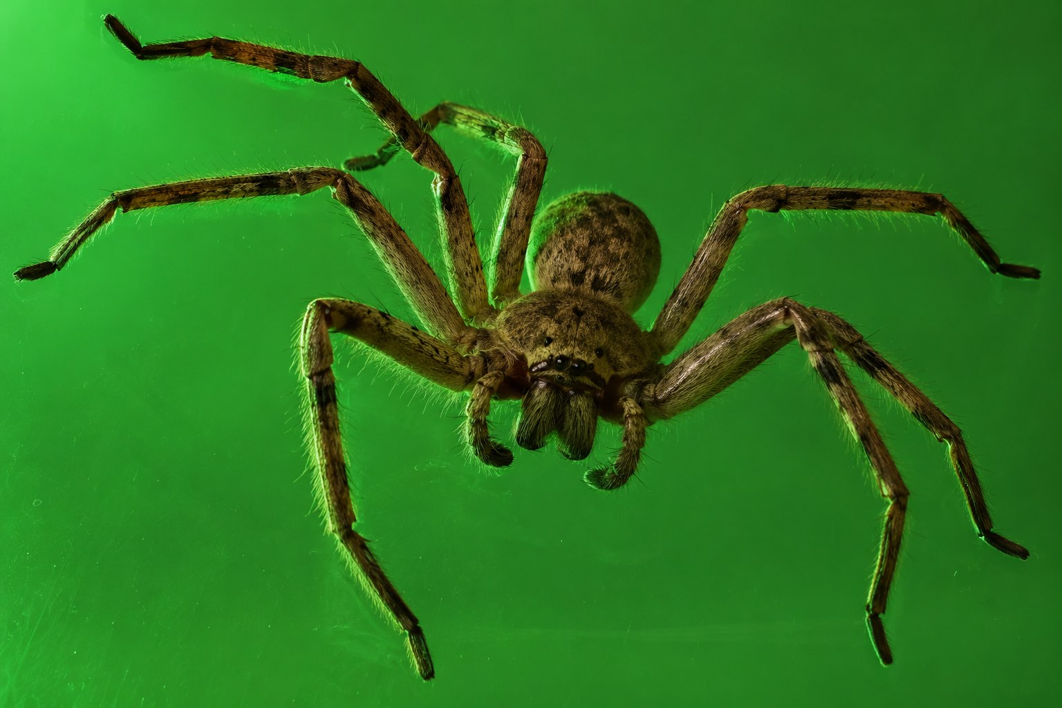 A large brown huntsman spider on a pane of glass under green light