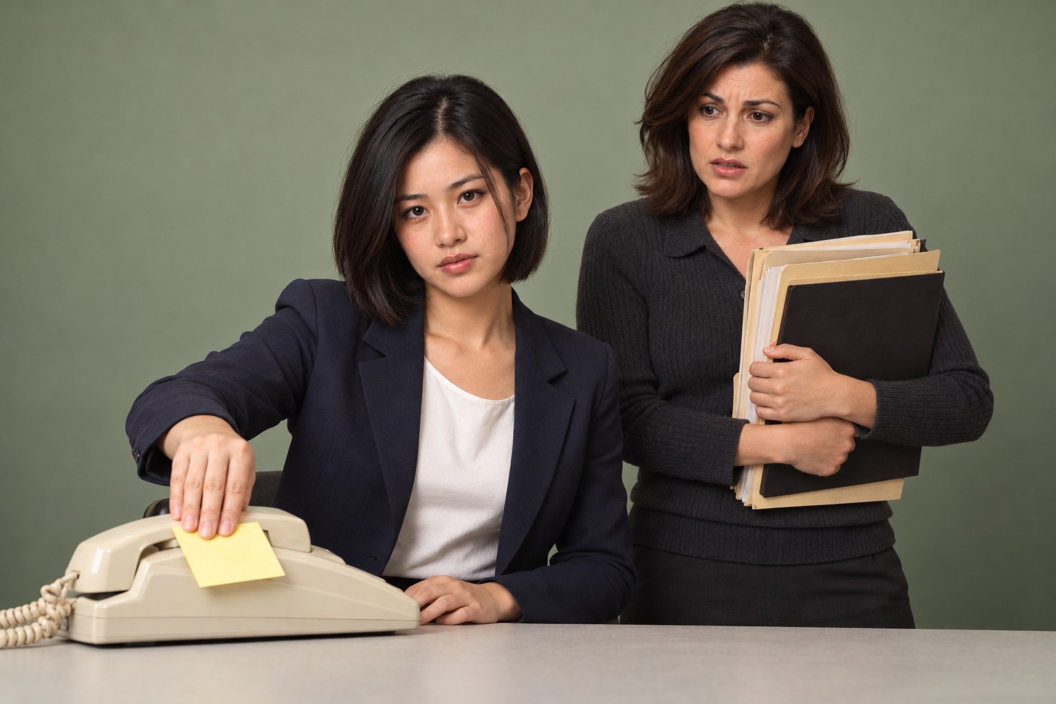 One woman sticks a note on an office phone while a coworker looks flustered, studio photograph in the style of 1999 Sydney