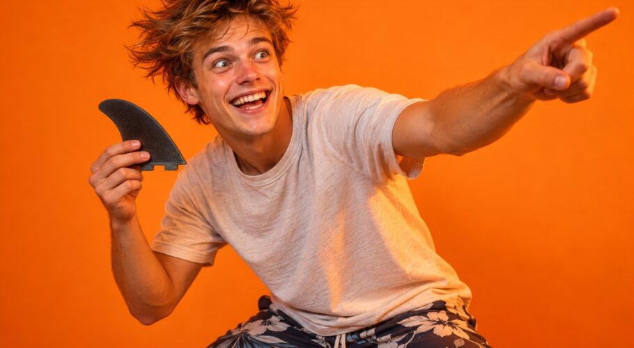 Excited young man with wild eyes pointing, holding a surfboard fin, orange studio light