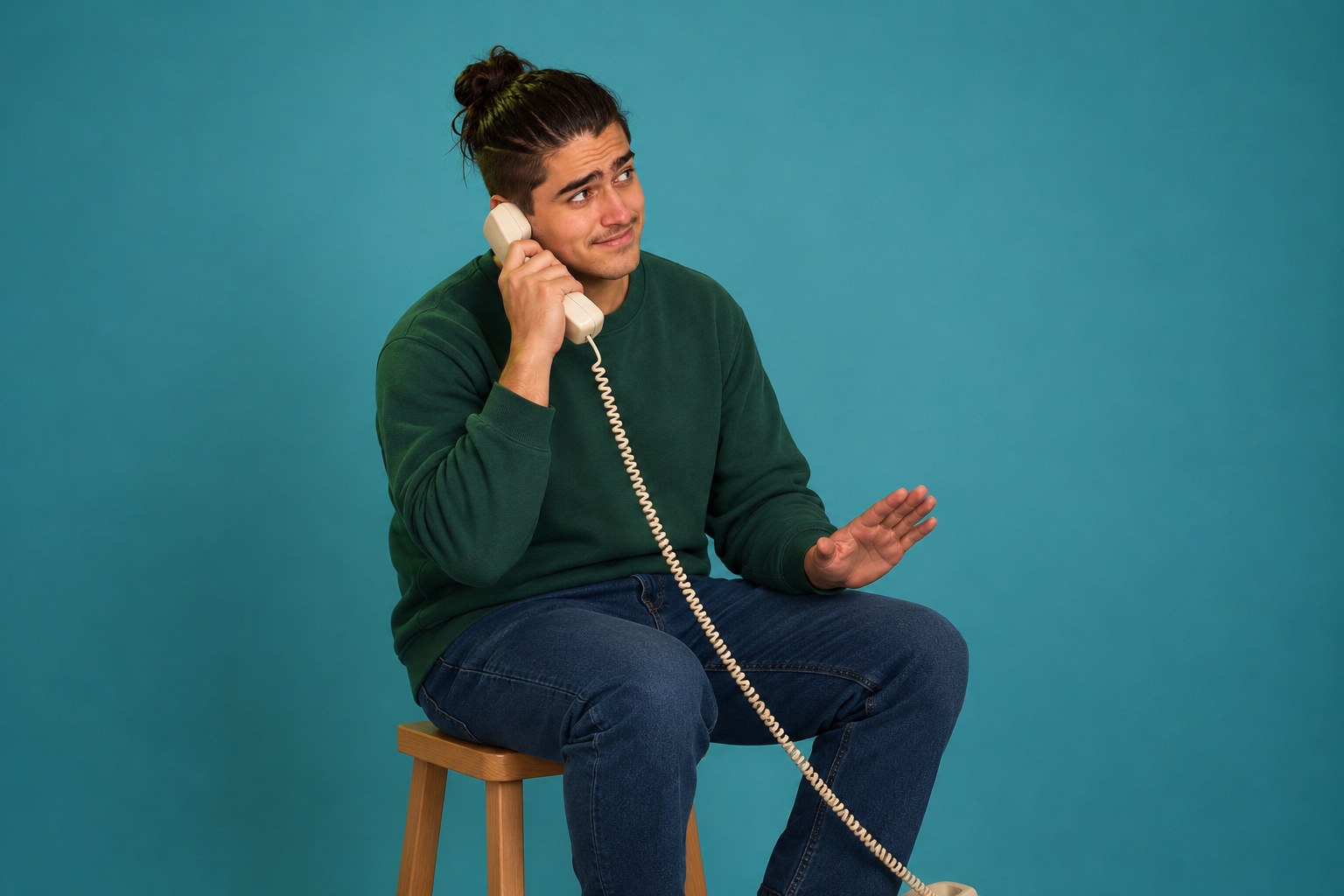A young man sits on a stool talking seriously on a corded telephone, studio photograph in the style of 1999 Sydney