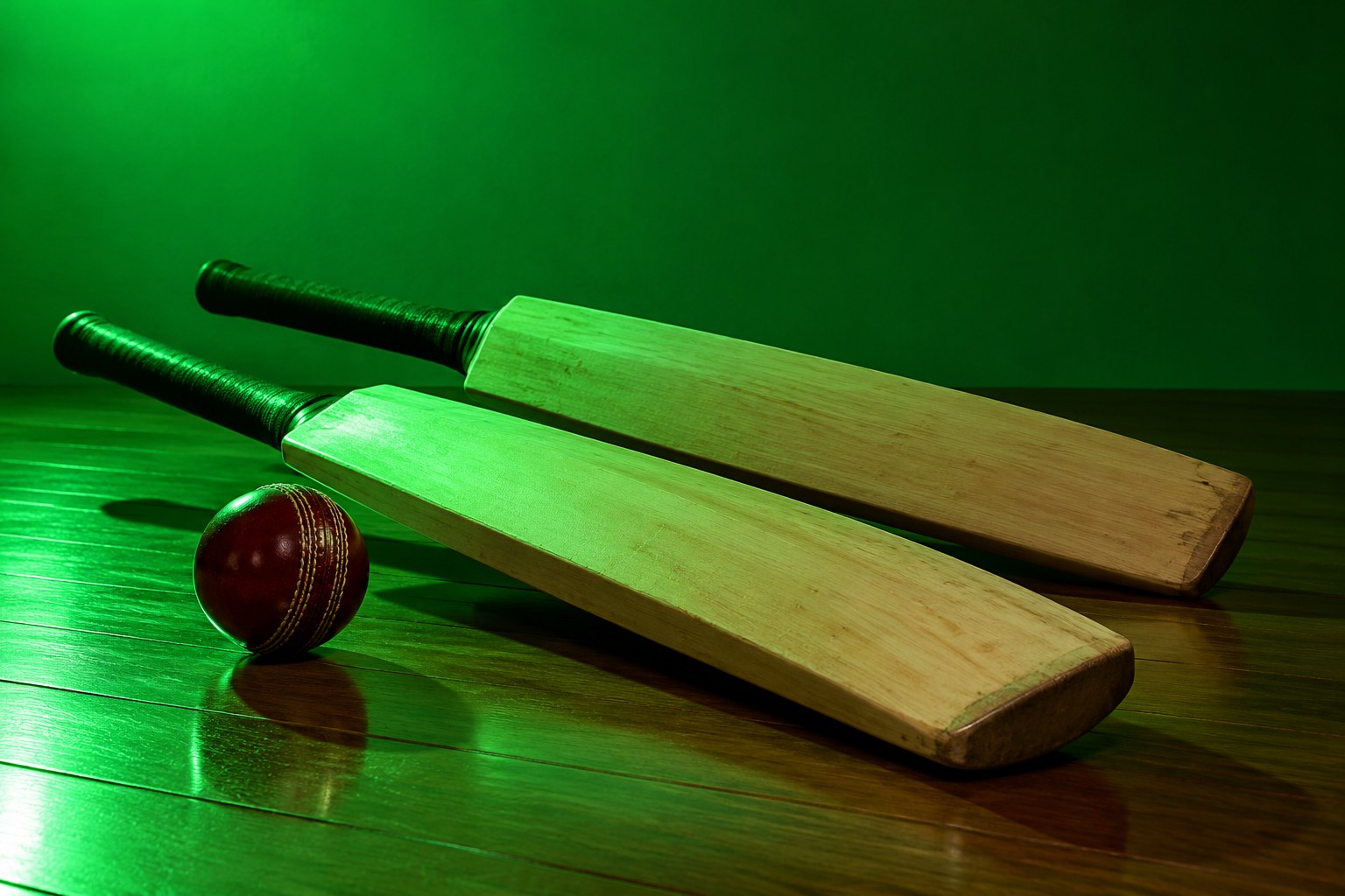 Two wooden cricket bats and a red cricket ball on a timber floor