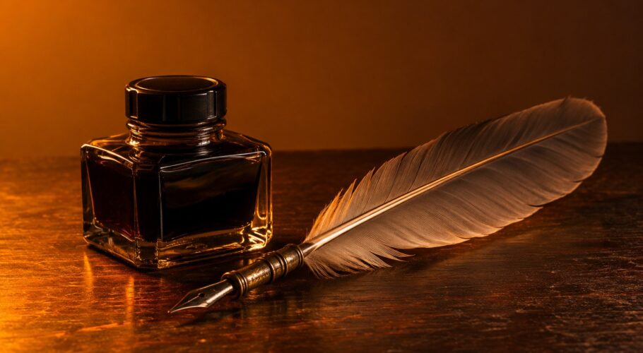 A black glass inkwell with a feather quill on a dark wooden desk