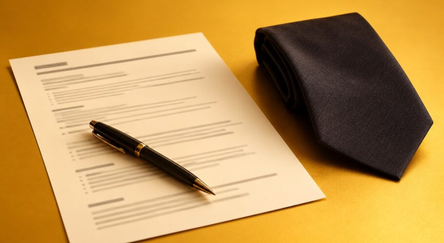 A resume sheet, pen and folded necktie