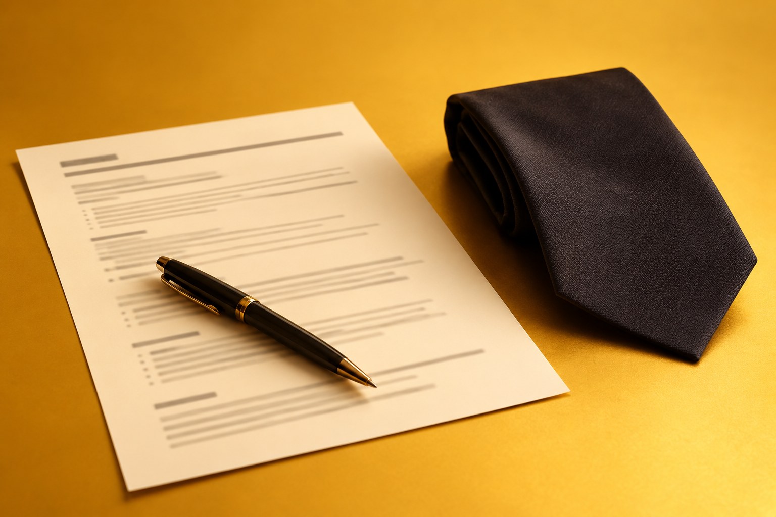 A resume sheet, pen and folded necktie