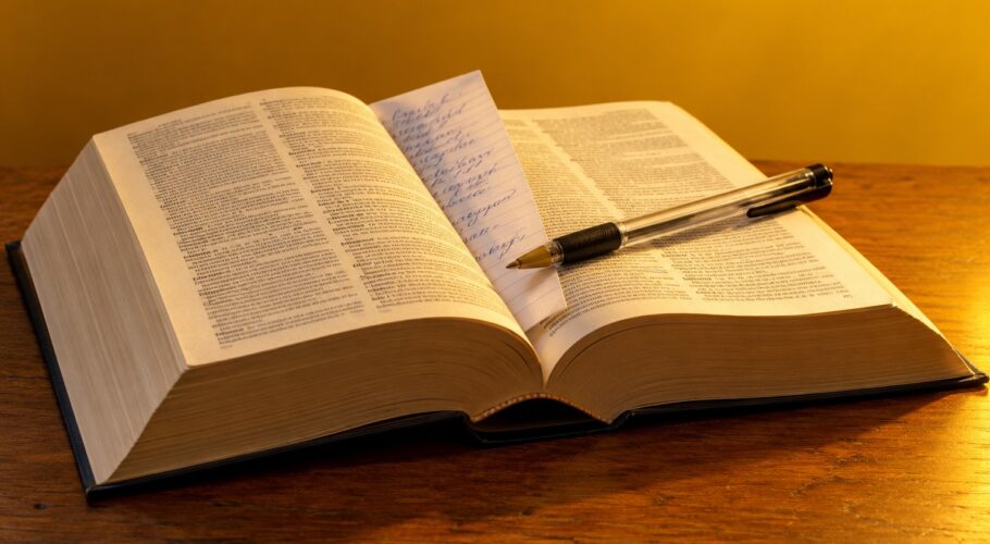 Open dictionary and pen, home of an invented word