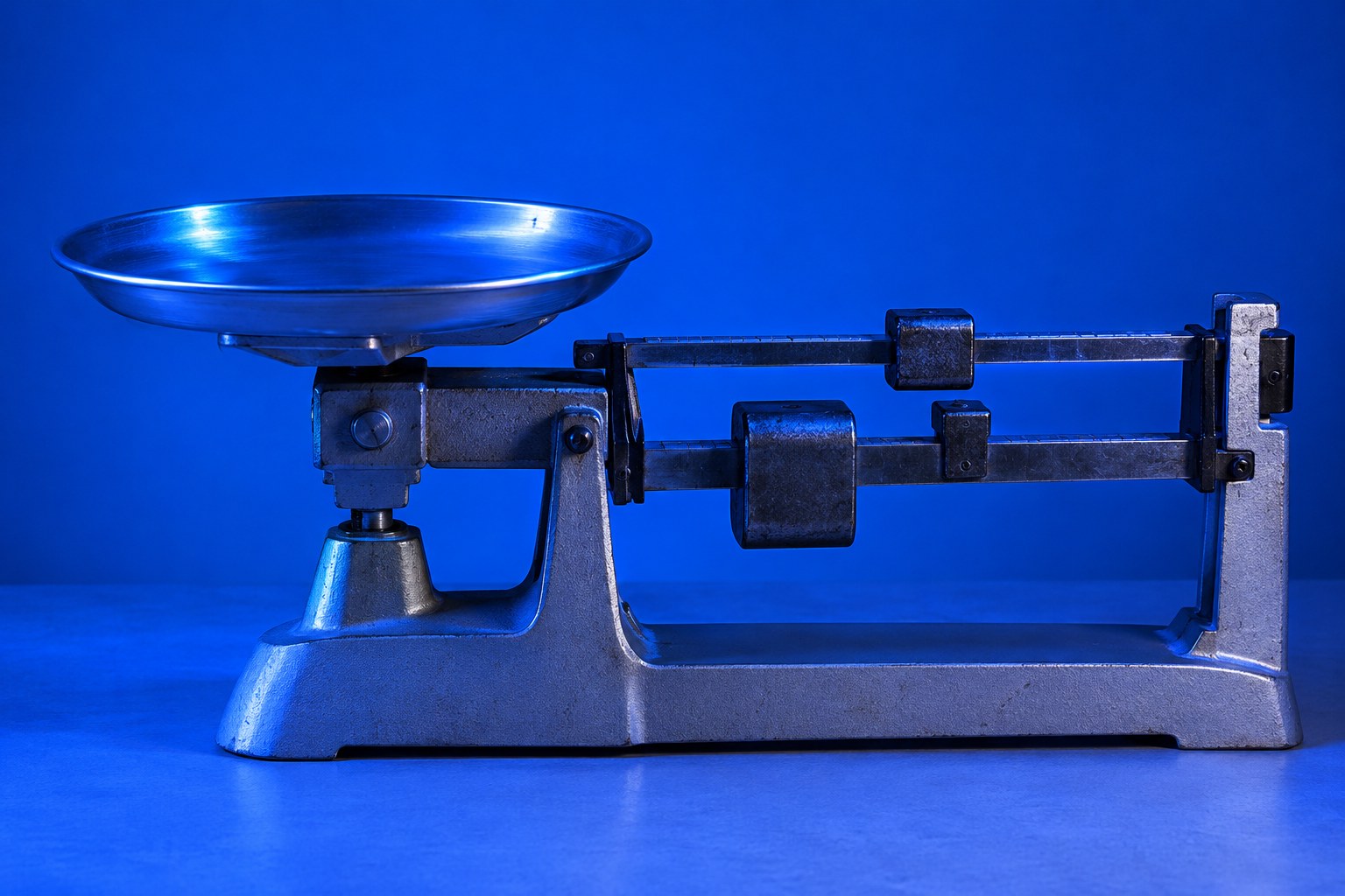 A metal beam balance scale with sliding iron weights