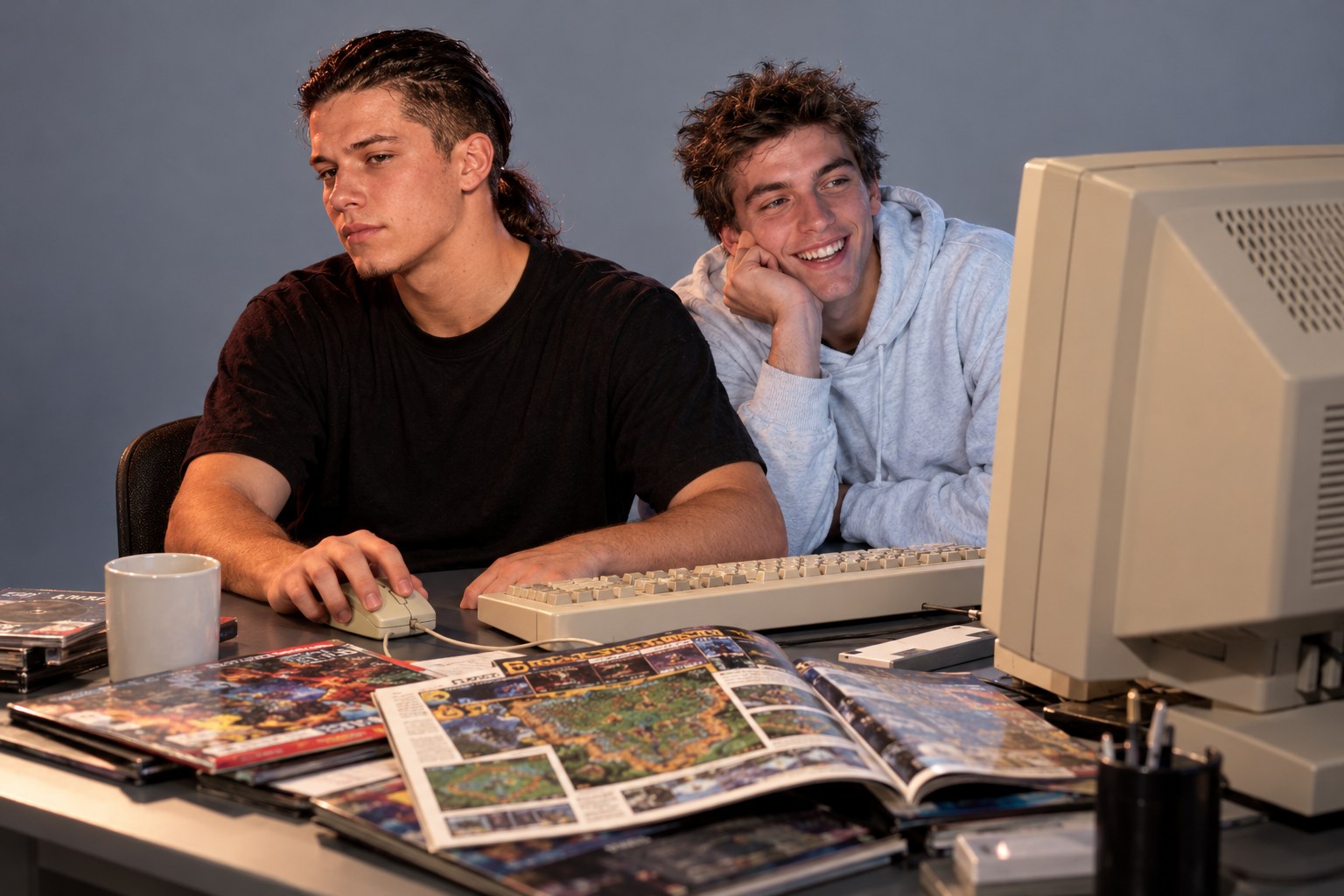 A messy-haired young man grins beside a long-haired young man at a beige CRT computer playing a simple strategy game, computer magazines scattered across the desk in 1990s Australia
