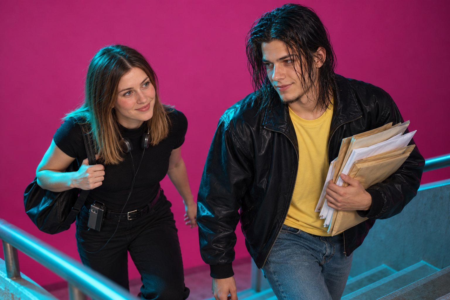 A young woman with a Walkman and headphones jogs up stairs to catch a young man carrying a bundle of mail.