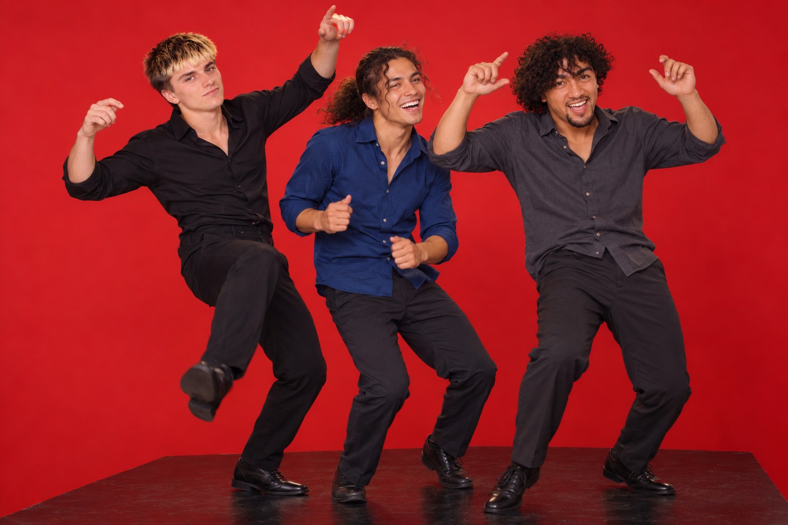 Three young men dance together on a platform, laughing and in motion, studio photograph in the style of 1999 Sydney