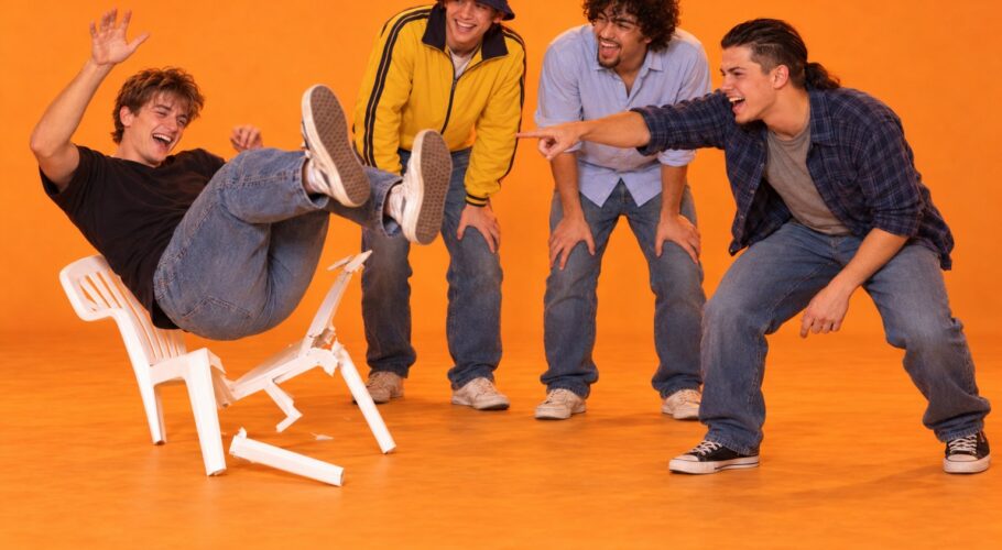 Keith tumbles off a snapped white plastic chair while Shawn, Ralf and Tony laugh and point